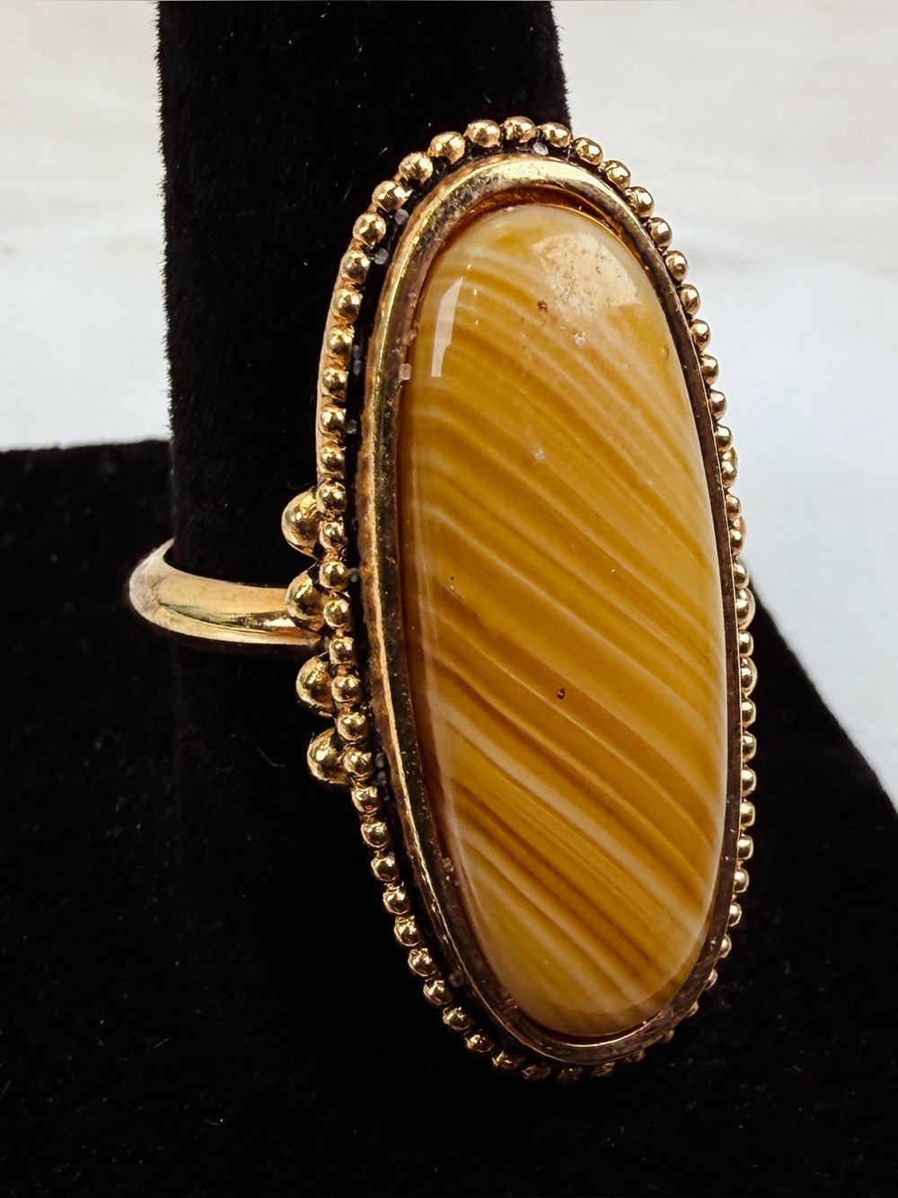 Vintage Avon Goldtone Oval Banded Stone Statement Ring Size 8